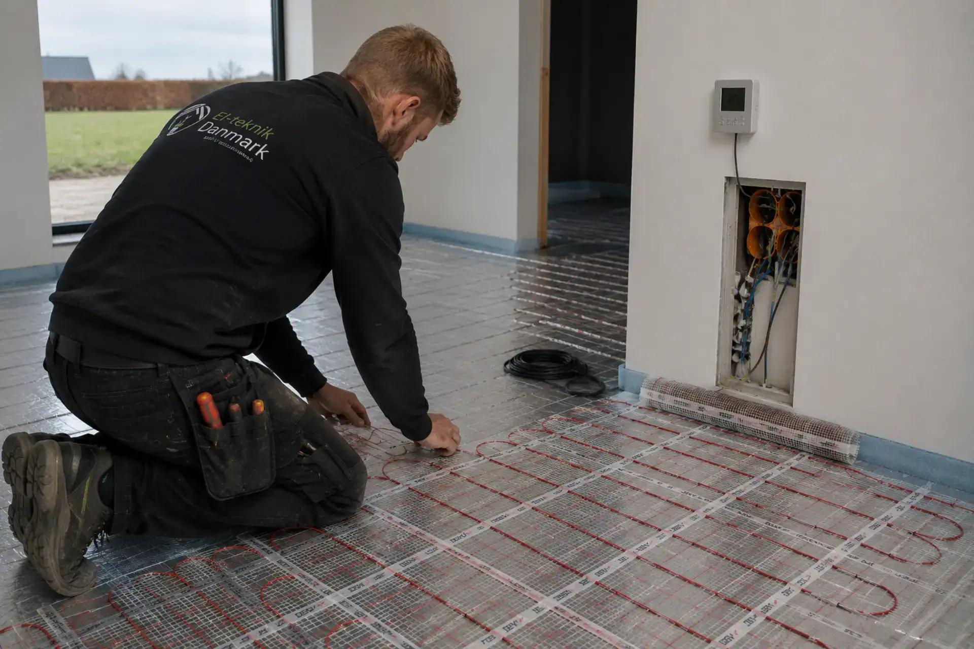 Installationsarbejder lægger gulvvarmerør på et gulv.
