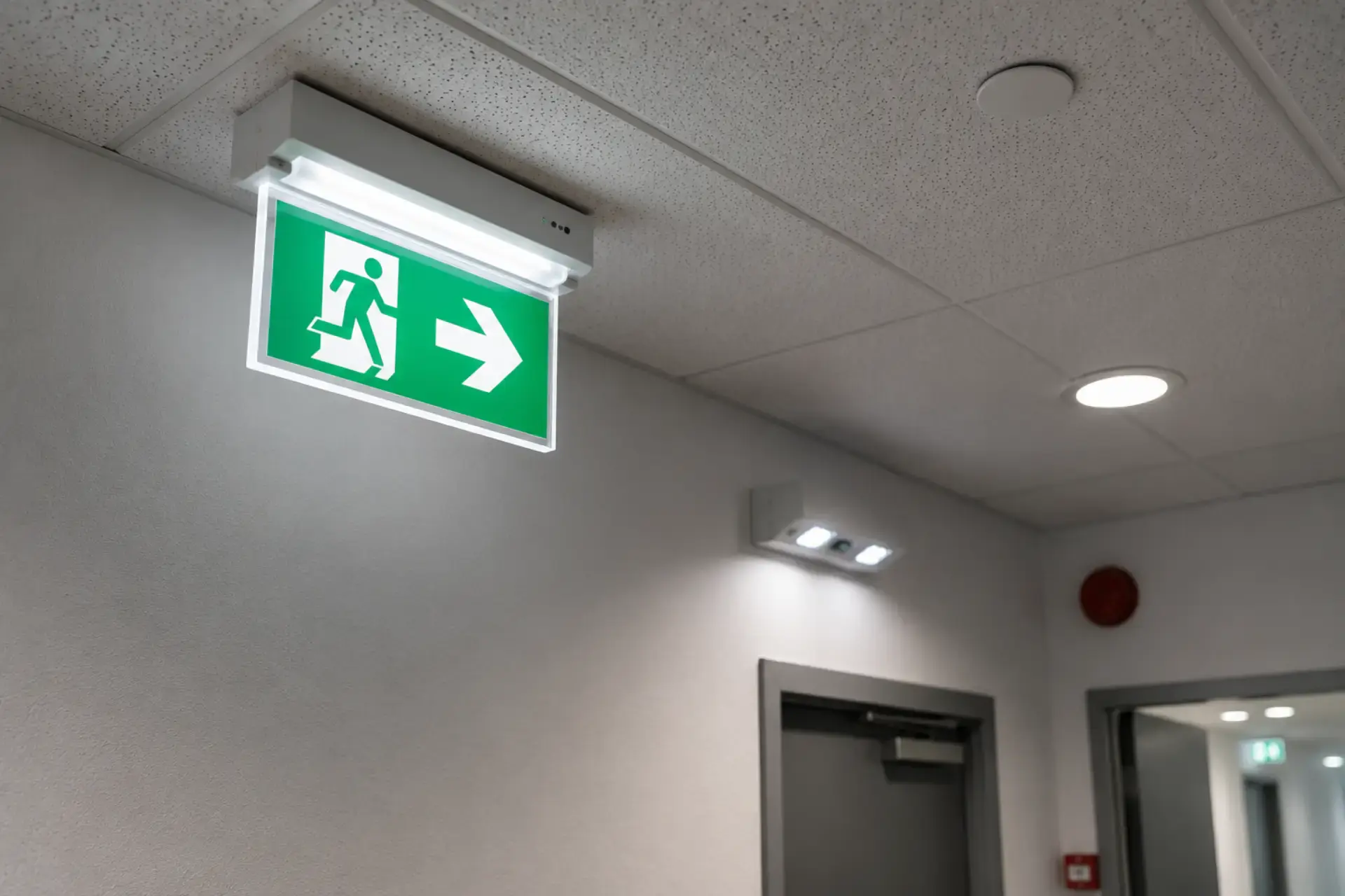 Nødudgangs- og panikbelysning i korridor.
